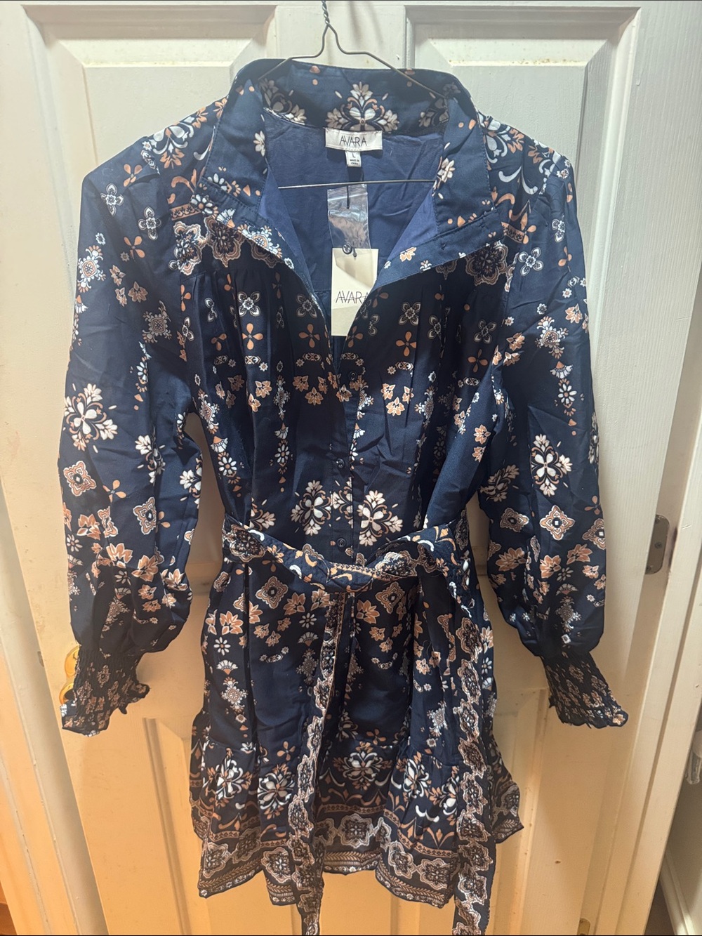 AVARÃ Navy Floral Long-Sleeve Belted Dress